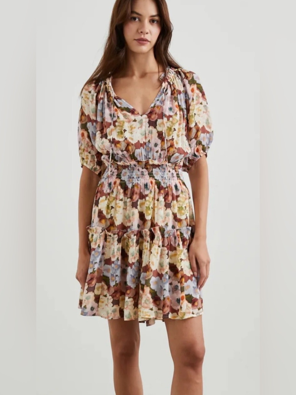 Rails Floral Tiered Mini Dress in Cream, Brown, Blue